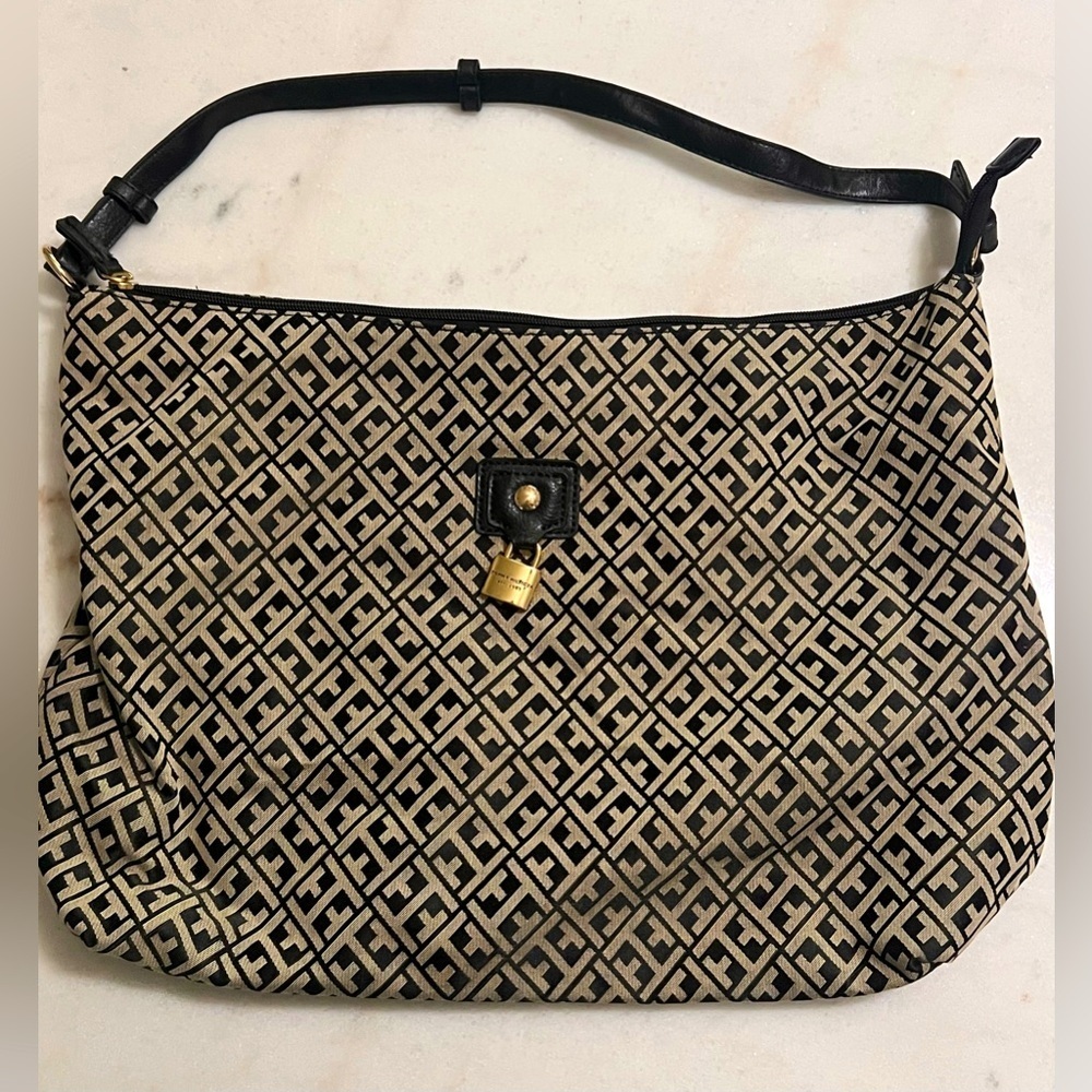 Tommy Hilfiger Black And Cream Logo Print Shoulder Bag Tote Gold Accents